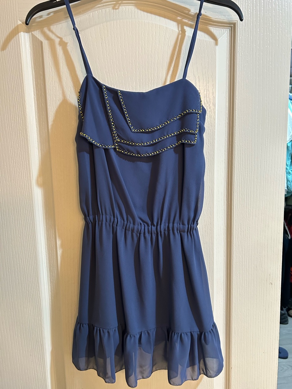 Navy Blue Spaghetti-Strap Dress with Beaded Trim